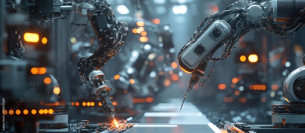 Poster smart industry and ai concept showcasing futuristic technology with automated robotic arms operated 