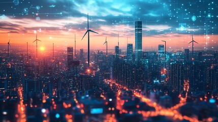 Obraz premium A vibrant cityscape at sunset featuring wind turbines and glowing lights, symbolizing a sustainable future and technological advancement.