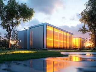 Obraz premium Modern architectural design showcasing a sleek home with reflective surfaces during a beautiful sunset.