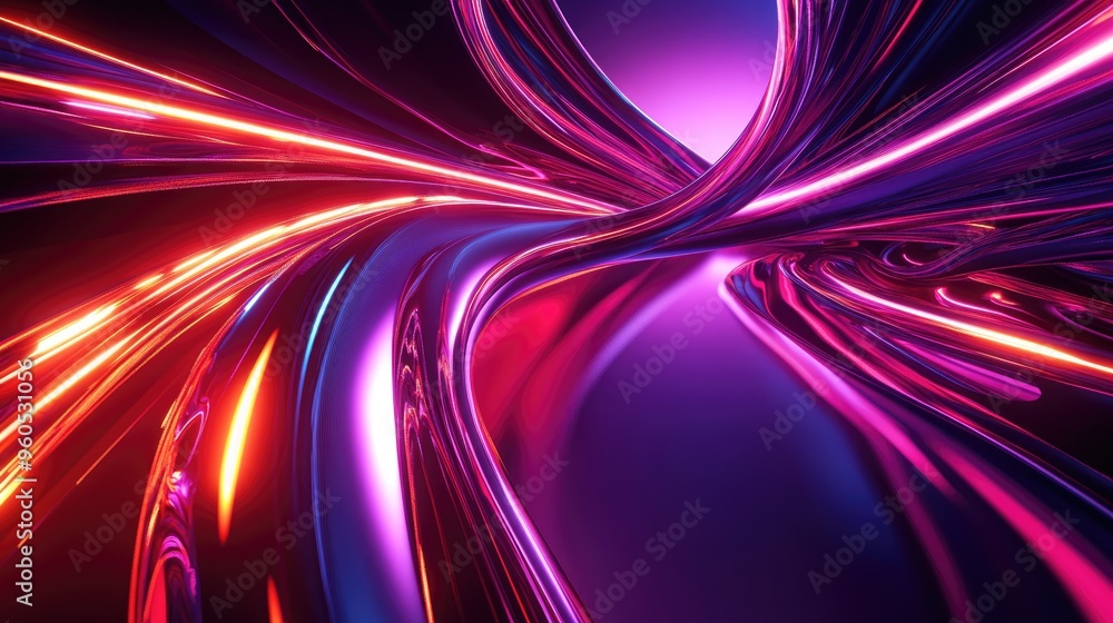 Sticker abstract gradient background with red and purple hues featuring neon light curves and shapes in a vi