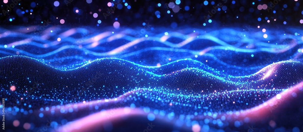 Poster futuristic abstract background featuring wavy patterns particles and dots digital wave effect with b