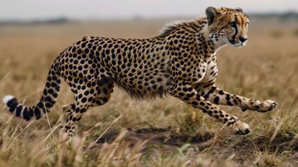 Fototapeta premium A sleek cheetah in mid-sprint across the savannah, its powerful muscles and intense gaze highlighting its incredible speed and agility.
