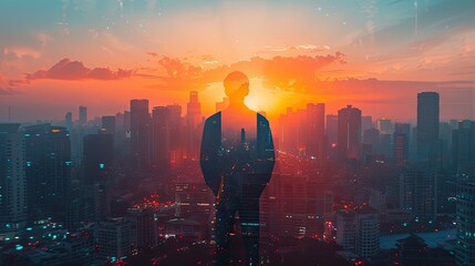 Silhouette of a Man Standing in Front of a City Skyline at Sunset