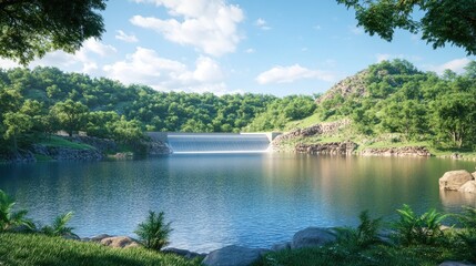 Fototapeta premium A tranquil lake surrounded by vibrant greenery featuring a prominent dam that enhances the picturesque landscape