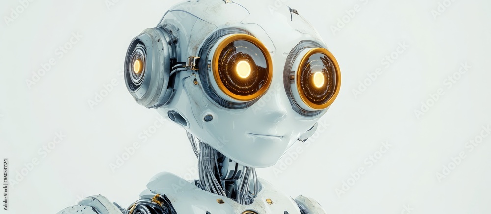 Poster 3d rendering of an adorable robot or ai figure featuring wires and goggles