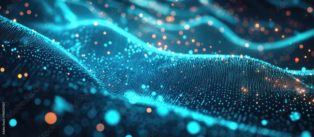 Poster abstract geometric background featuring interconnected dots and lights in a blue plexus creating a f