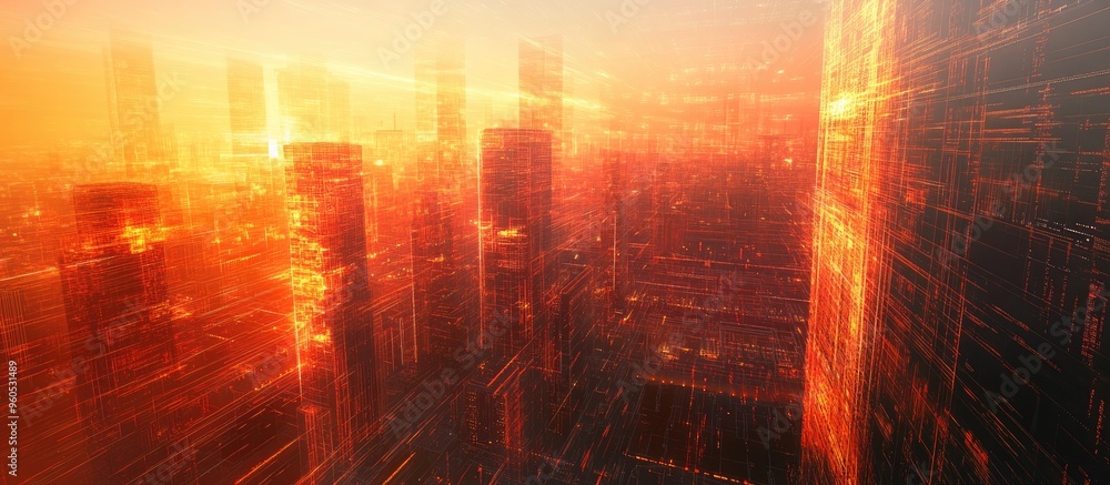 Poster holographic data visualization overlaying a cityscape featuring skyscrapers with a multi layered exp