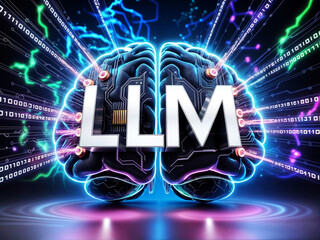 Illustration of digital representation of a brain with "LLM" (Large Language Model) in neon lights. Concept of LLM Brain Power.