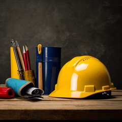 Fototapeta premium Yellow construction hard hat with tools and blueprints on a wooden table