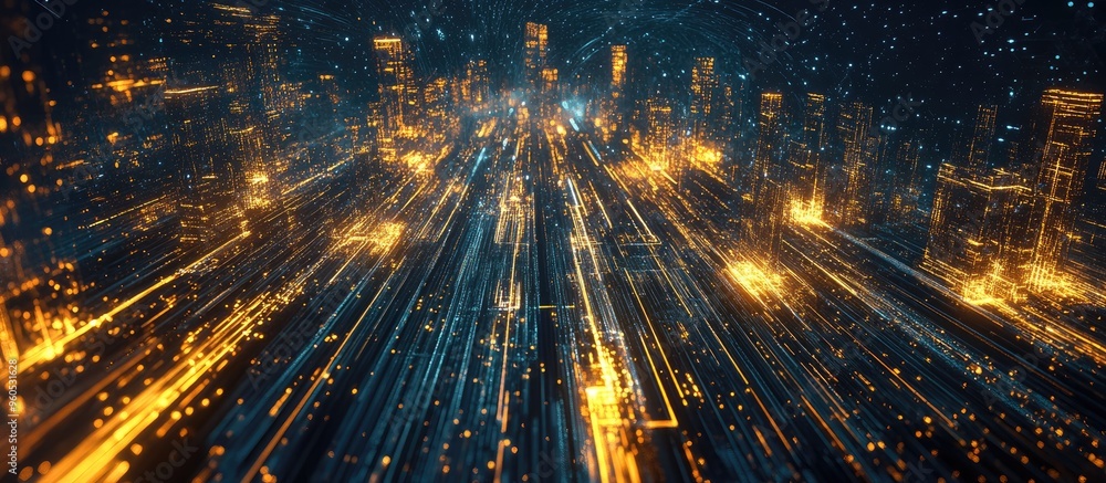 Poster abstract depiction of dynamic light flows within an urban environment featuring intricate lighting d
