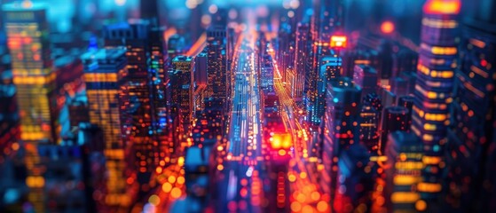 Fototapeta premium Illuminated Cityscape at Night - Aerial View of Vibrant Urban Lights