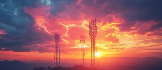 Lightning protection tower against a sunset backdrop