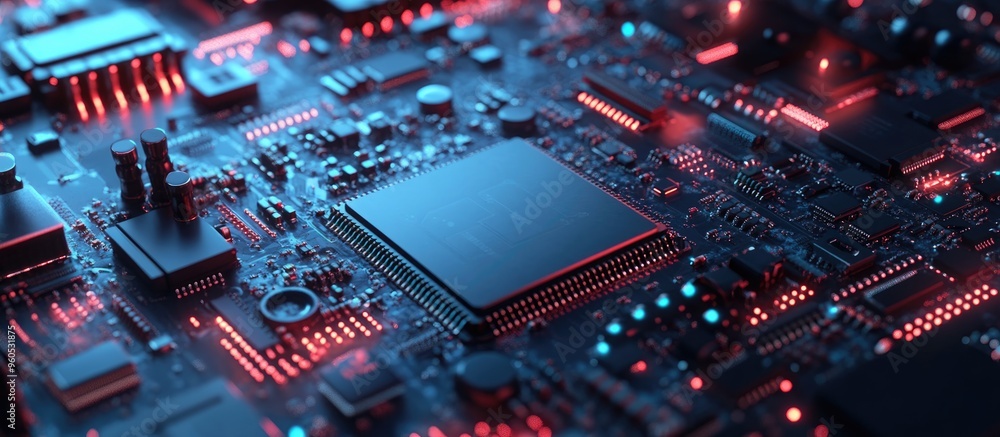 Poster close up of computer processors in a 3d render focusing on technology advanced computations and arti