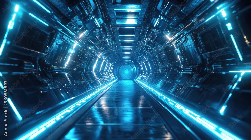 Poster 3d rendering of a futuristic spacecraft corridor