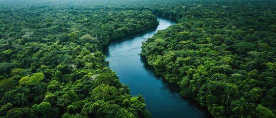 Fototapeta premium Serene Aerial View of Lush Jungle with Meandering River - Breathtaking Tropical Rainforest Landscape from Above
