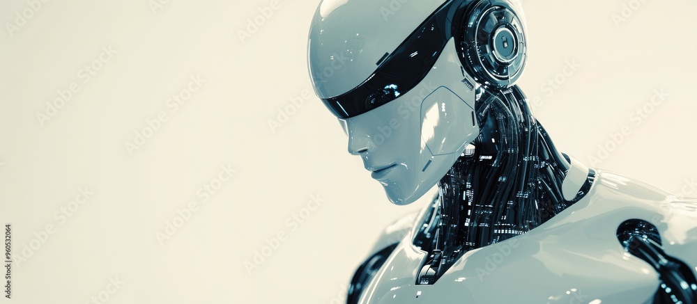 Poster bionic robot examining and assessing humanoid cyborg featuring advanced ai 3d illustration showcasin