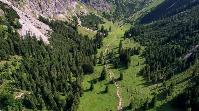 4K Aerial Drone video of the most beautiful mountain lake Schrecksee in Bavarian Alps with the cows feeding on lush green grass on a sunny day with blue skies and rocky hill tops surrounding