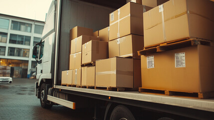 boxes loaded in to truck outside warehouse ready for delivery 