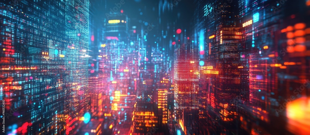 Poster holographic data visualization over an urban skyline featuring skyscrapers in a multi exposure setup
