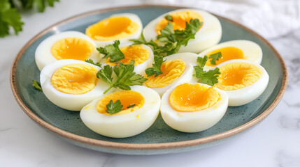 Sliced boiled eggs garnished with parsley leaves.