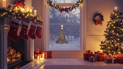 Obraz premium Cozy Christmas Mantel with Garland, Burning Candles, and Red Stockings in Festive Room Decor Design