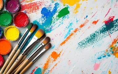 Obraz premium A top-down view of an artist s desk filled with paintbrushes, canvases, and vibrant paints