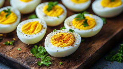 Sliced boiled eggs garnished with parsley leaves.