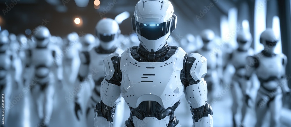 Poster 3d rendering of robotic workers in a futuristic army setting