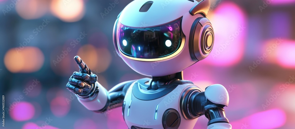 Poster 3D rendering of an adorable robot or AI character with a cartoonish design pointing with its finger