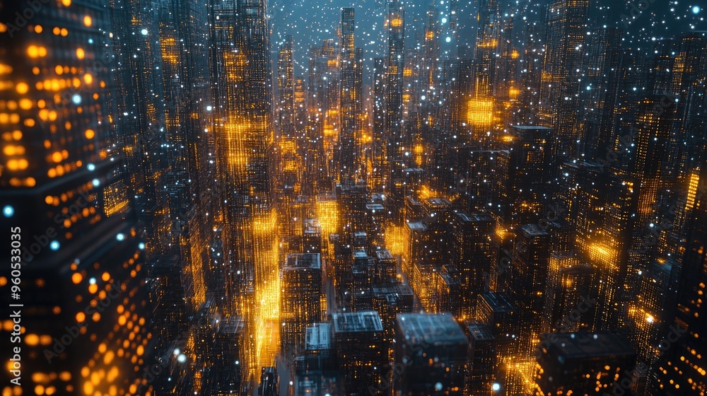 Poster abstract 3d rendering featuring random cubes and electronic shapes depicting a futuristic sci fi cit