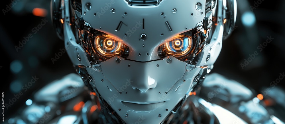Poster experience the forefront of technology with this striking ai robot face stock image featuring a meti