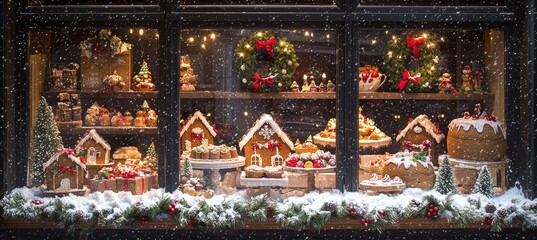 Festive Christmas Bakery Window Display with Gingerbread Houses, Christmas Cookies, and Fairy Lights © spyrakot
