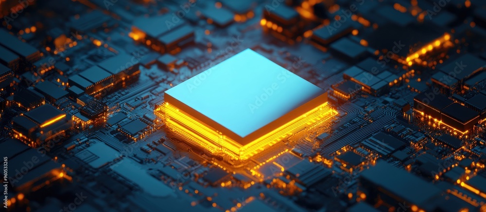 Poster innovative microchip for 5g internet concept of enhanced web speed and transformation in a 3d render
