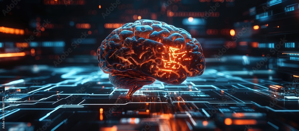 Poster conceptual illustration of an ai robot trading idea integrating human brain elements with financial 