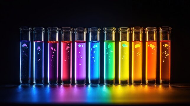 Multiple test tubes filled with various liquids exhibit a spectrum of colors from chemical reactions, creating an eye-catching visual effect in low light conditions