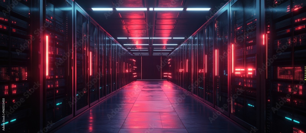 Poster 3d render of server racks in a dark room featuring vfx visualization concept of iot data flow and di