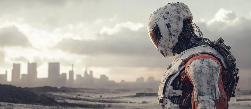 Fatigued cyborg in a post apocalyptic setting 3D illustration