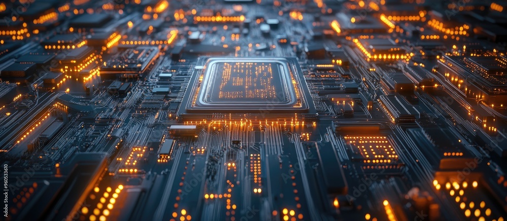 Poster artificial intelligence concept depicting microchip connections electric pulses and binary codes in 