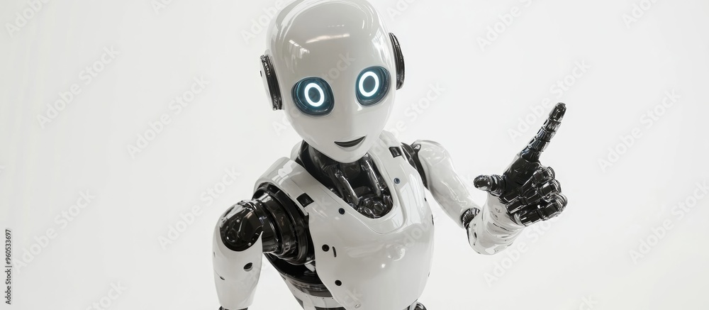 Poster robot on a white background displays a sign and gestures with a hand indicating a specific direction