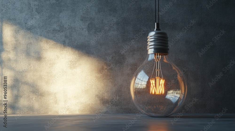 Aufkleber transparent glass lightbulb in an empty space with a grey wall backdrop 3d rendering