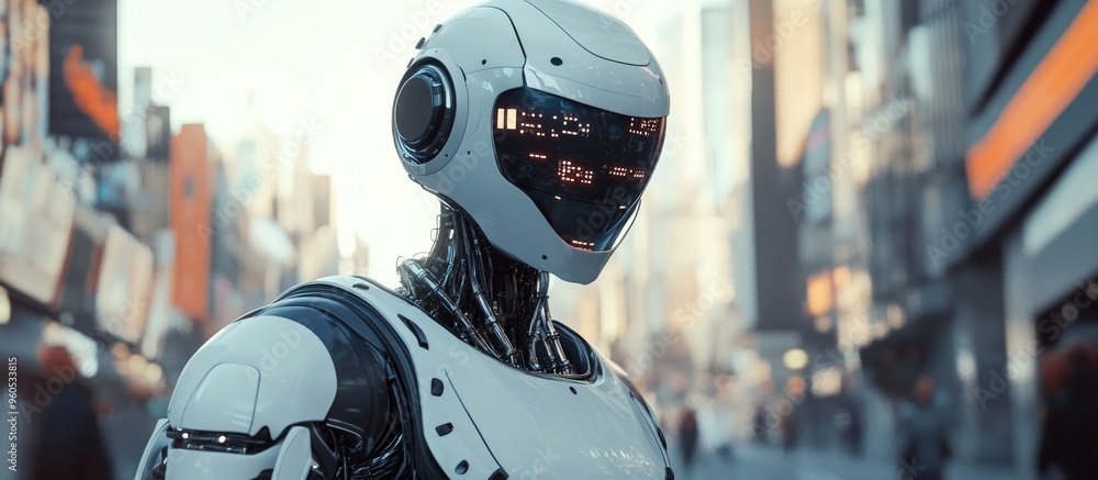 Poster humanoid robot navigating a city street showcasing advancements in ai and automation in a futuristic