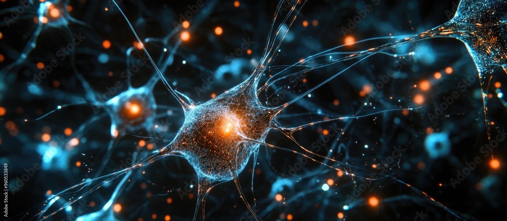 Poster digital data and neural connectivity represented as artificial intelligence on a black background il