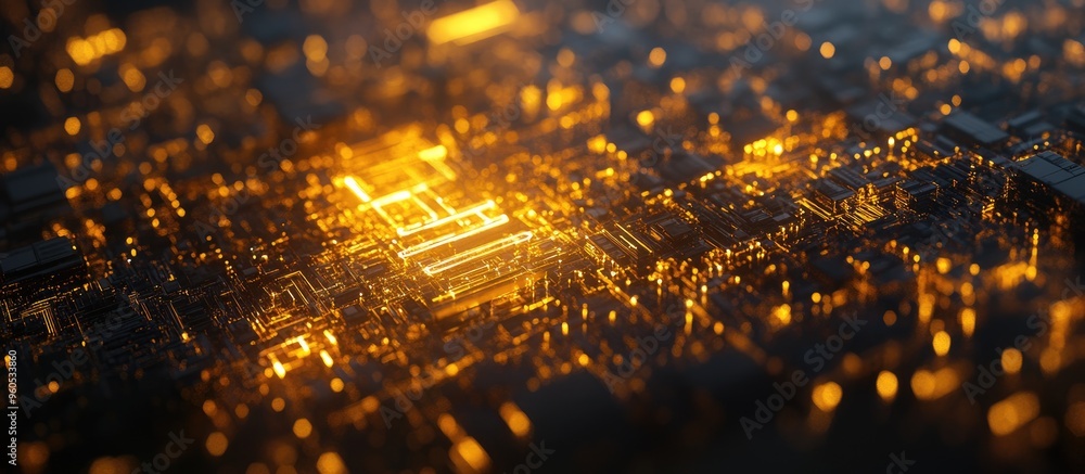 Poster 3d rendering of glowing gold representing 5g technology for tech themed content