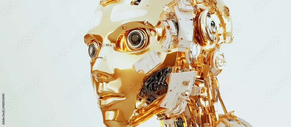Poster intricate design of a gold ai robot set against a white backdrop high quality 3d illustration and re