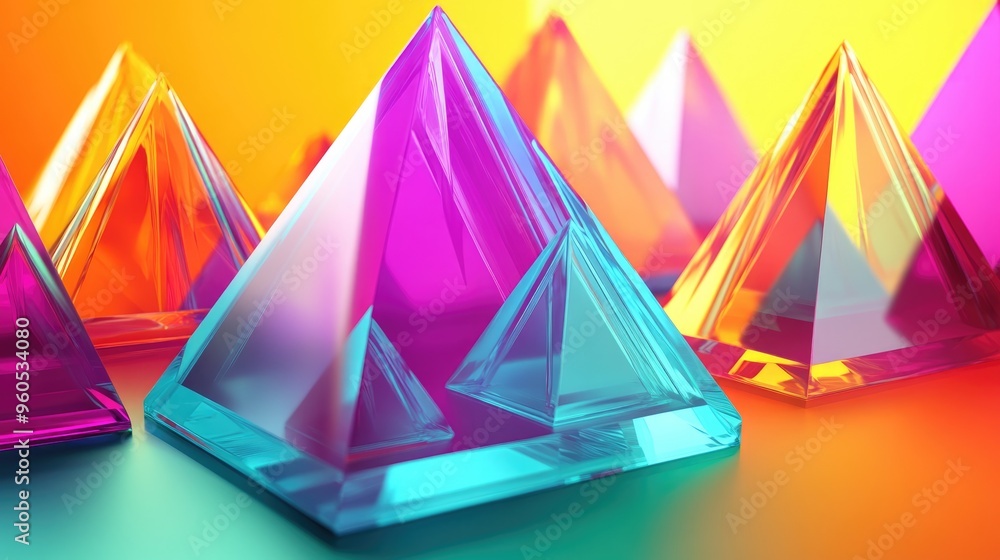 Poster vibrant digital graphic design featuring decorative 3d pyramids in an abstract style creating a colo