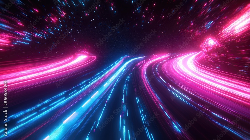 Poster dynamic motion on a neon lit road in darkness swift movement along the path vibrant light trails sig