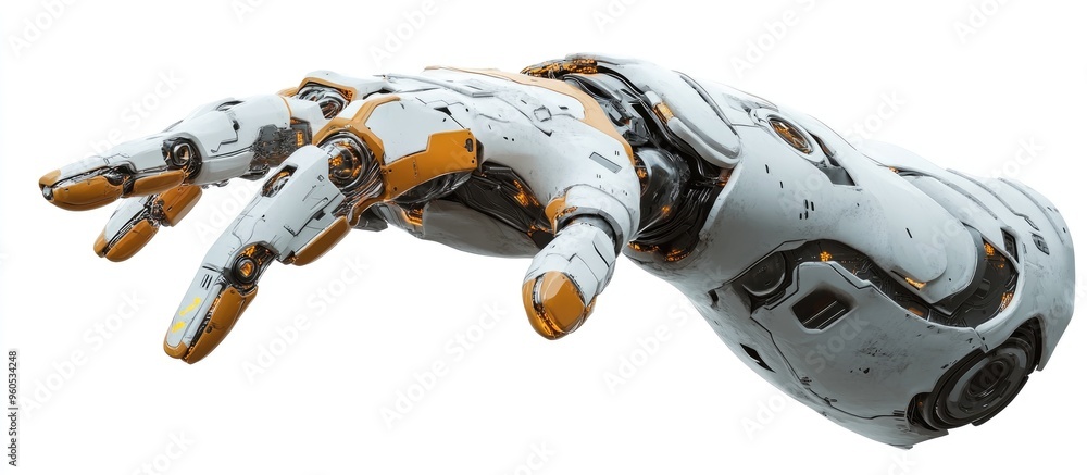 Poster 3d rendering of a cyborg hand or robotic hand finger pointing isolated on a white background