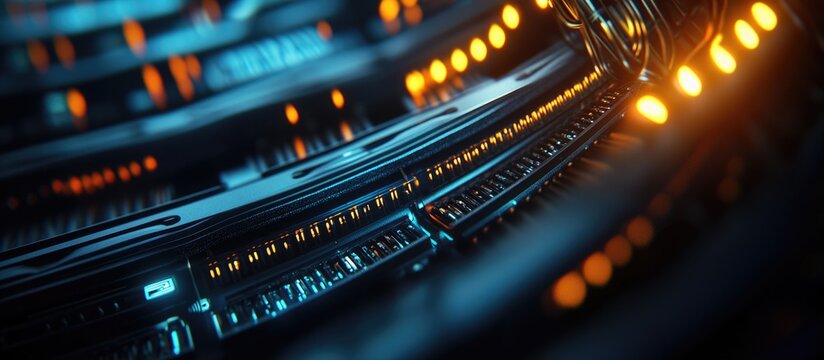 Close up of a dark network patch panel