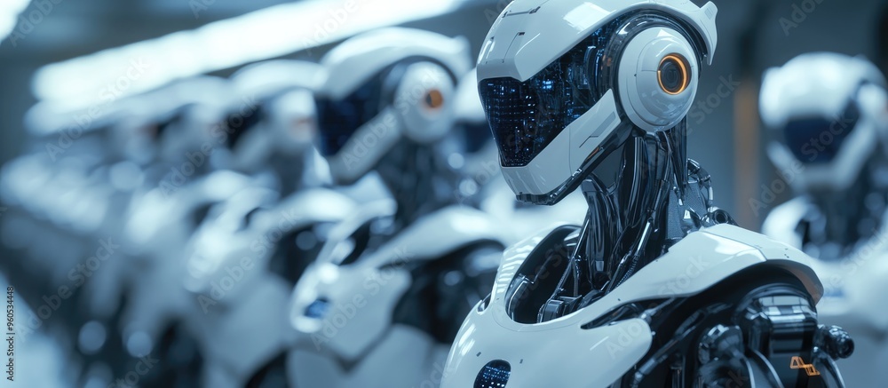 Poster robots in a futuristic environment in motion showcasing advanced technology through 3d rendered robo