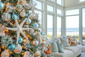 Coastal-Themed Christmas Tree with Seashell Decorations in Beach House Overlooking Ocean - Holiday Interior Design